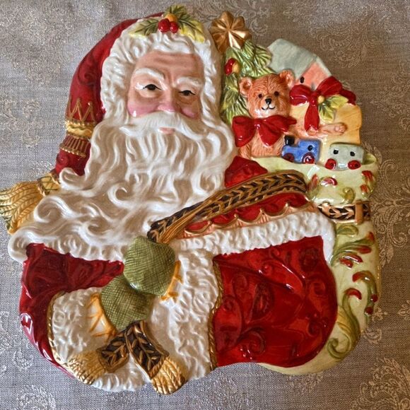 VINTAGE FITZ & FLOYD DAMASK HOLIDAY SANTA CANAPE PLATE - Picture 1 of 10